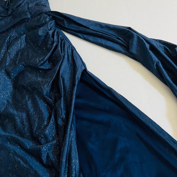Eureka Glittery Side Split Draped Off Shoulder Maxi Dress Size S Small Navy - Picture 4 of 8
